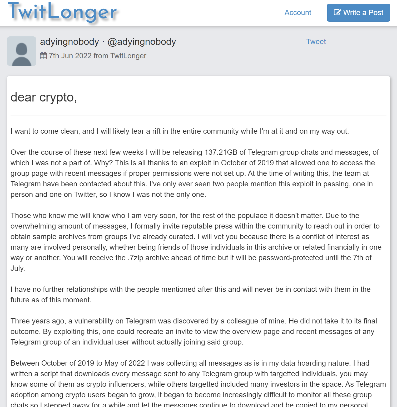 le twitlonger en question